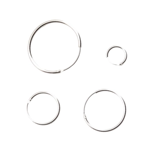 Minimalist S925 sterling silver hoop earrings in four sizes displayed on white background