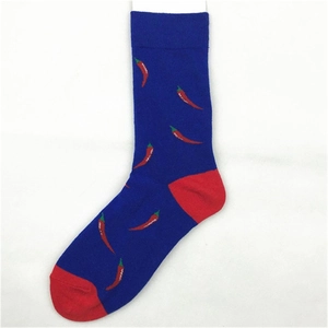 Unisex mid-calf cotton socks with red chili jacquard pattern on navy blue base