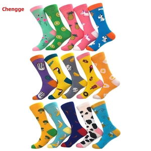 Detailed grid of fifteen cotton crew socks featuring diverse fruit and animal jacquard patterns
