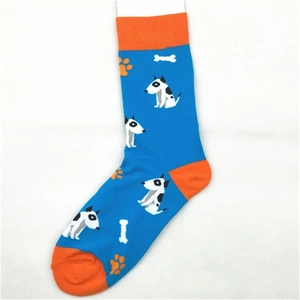 Vibrant blue mid-calf socks with orange accents and cartoon dog pattern for men and women
