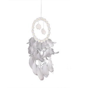 White dream catcher hanging decor with daisy flowers, clouds and natural feathers