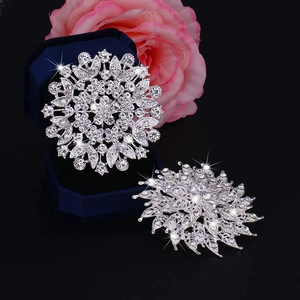 Elegant floral rhinestone brooch in silver alloy with sparkling crystals on velvet box