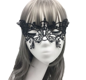 Detailed view of a vintage black lace masquerade mask with intricate hollow-out patterns