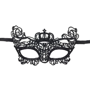 Elegant black lace masquerade mask with crown design and ribbon ties on white background