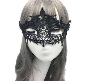 Close-up of black lace masquerade eye mask with intricate floral hollow-out patterns
