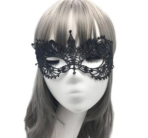 Detailed close-up of high-quality black lace masquerade eye mask on a model face