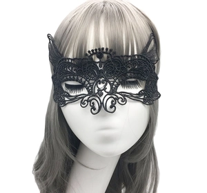 Detailed close-up of a black lace masquerade mask with intricate wing patterns on a model