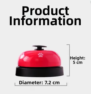 Close-up of red metal pet training bell with white paw print and dimensions 7.2cm by 5cm