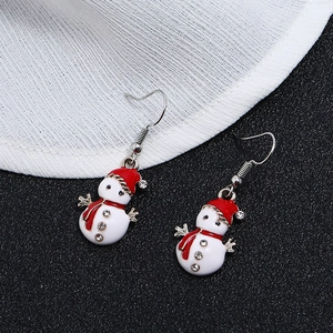 Detail of Christmas snowman earrings with red hats and sparkling rhinestone accents