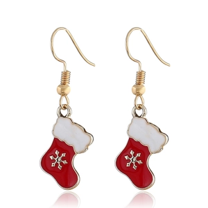 Christmas stocking drop earrings in red and white enamel with gold snowflake pattern