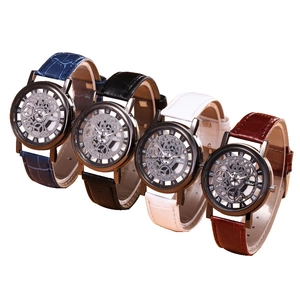 Hollow skeleton quartz watch with crocodile texture leather strap and Roman numerals