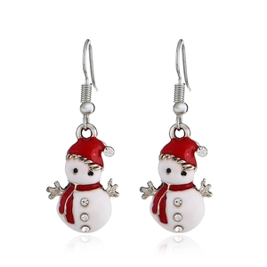 Close-up of festive red and white snowman earrings with sparkling rhinestone accents