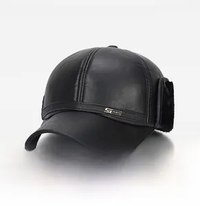 Close-up of black leather baseball cap featuring ear flaps and warm fleece lining