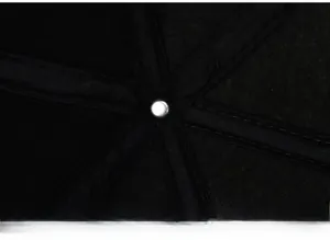 Close-up of the reinforced inner crown stitching and metal button of the black leather cap