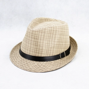 Linen style fedora hat in light beige with black leather band and silver metal buckle