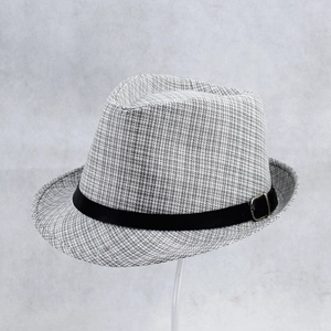 Unisex grey woven linen fedora hat with black decorative ribbon and metal buckle detail