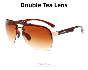 Detail view of rimless aviator sunglasses with brown gradient lenses and gold metal bridge