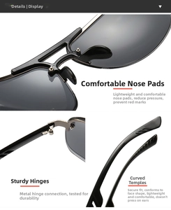 Detailed close-up of flexible metal hinges and comfortable nose pads on men's aviator sunglasses