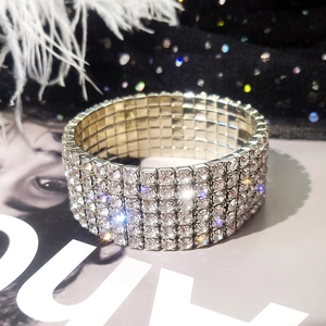Close-up of a five-row crystal stretch bracelet with silver base and sparkling rhinestones