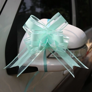 Dettaglio di un fiocco in chiffon verde menta con glitter sullo specchietto dell'auto