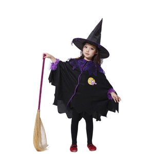 Halloween witch costume set with spider web cloak, pointed hat and magic broom prop
