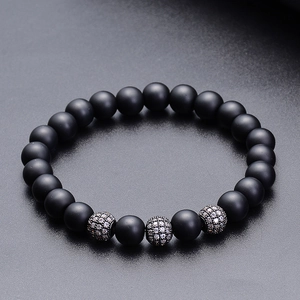8mm black matte stone bead bracelet with micro-pave zircon spheres for men and women