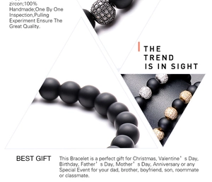 Close-up of 8mm matte black stone beads and micro-pave zircon metal ball on the bracelet