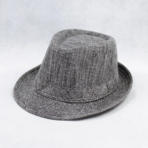 Classic dark grey linen jazz fedora hat with woven sun protection band for beach and summer
