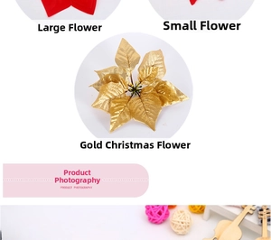 Detail view of large and small velvet Poinsettia flowers with gold glitter accents