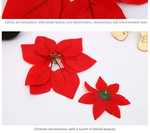 Detail view of red velvet Poinsettia artificial flowers with realistic leaf veins