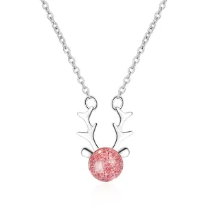 Elegant Copper Antler Pendant Necklace For Women With Pink Strawberry Quartz Crystal Adjustable Link Chain Minimalist Jewelry Gift