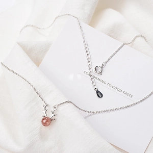 Elegant S925 sterling silver reindeer antler necklace with red strawberry crystal pendant