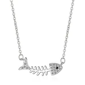 Fishbone Pendant Necklace Copper With Cubic Zirconia Dainty Sweet Fish Bone Shape Korean Style Jewelry For Women