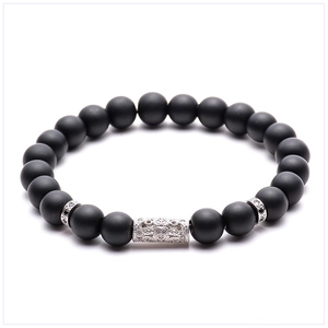 Detail of matte black beads bracelet featuring silver cylinder and micro zircon inlays