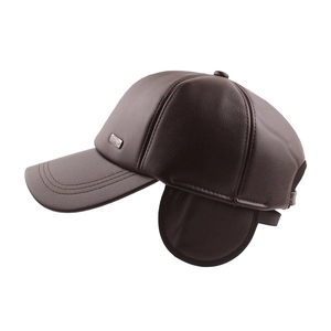Winter faux leather baseball cap with ear flaps in dark brown pebble grain finish