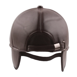 Winter faux leather baseball cap with ear flaps and adjustable metal buckle in dark brown