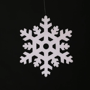 Macro detail of white glittery snowflake ornaments hanging for Christmas window displays