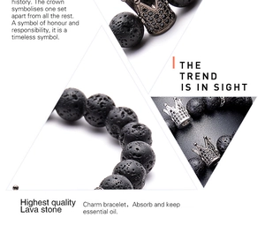 Detail view of 8mm black lava stone bracelet with micro-paved crown essential oil diffuser