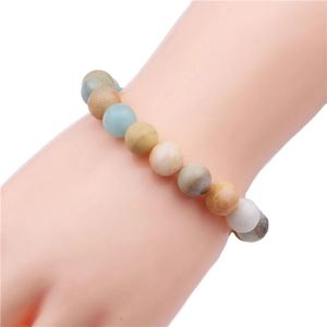 Detailed view of 10mm natural stone beaded bracelet with amazonite and agate on wrist