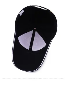 Detail view of the 100% cotton inner lining and washing label of a black baseball cap