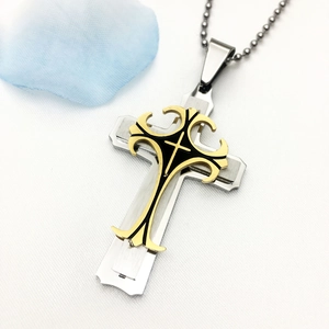 Three-layer titanium steel cross pendant necklace with silver bead chain for men