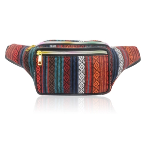 Ethnic bohemian striped fanny pack with golden zippers and adjustable strap for women