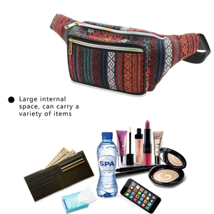 Detail of bohemian waist bag showing large internal space for phone and cosmetics