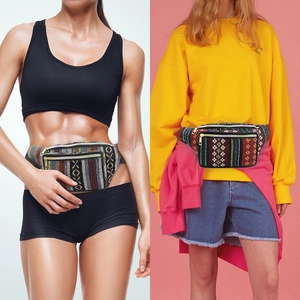 Ethnic bohemian waist bag shown in both athletic and casual outfit styling scenarios