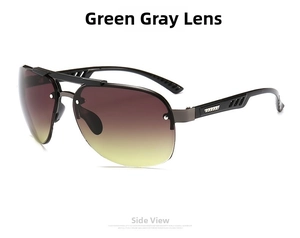 Detail of aviator sunglasses with gradient green-grey lenses and metallic textured temples