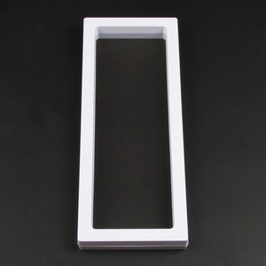 Detailed view of white rectangular 3D floating display frame with clear PE film and black base