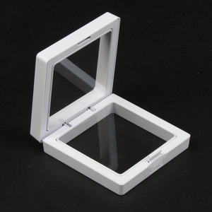 Detail of white square PE film display box showing the open inner structure and frame