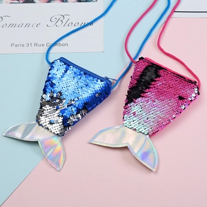 Detail of sequin mermaid tail coin purses with iridescent accents and cord straps
