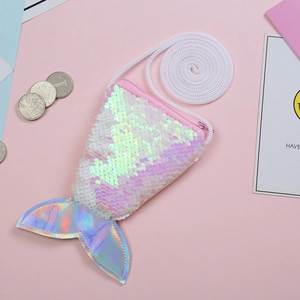 Close-up of pink sequin mermaid tail coin purse with laser texture and white strap