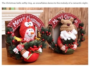 Detail of Christmas wreath featuring plush Santa and Snowman with Merry Christmas sign